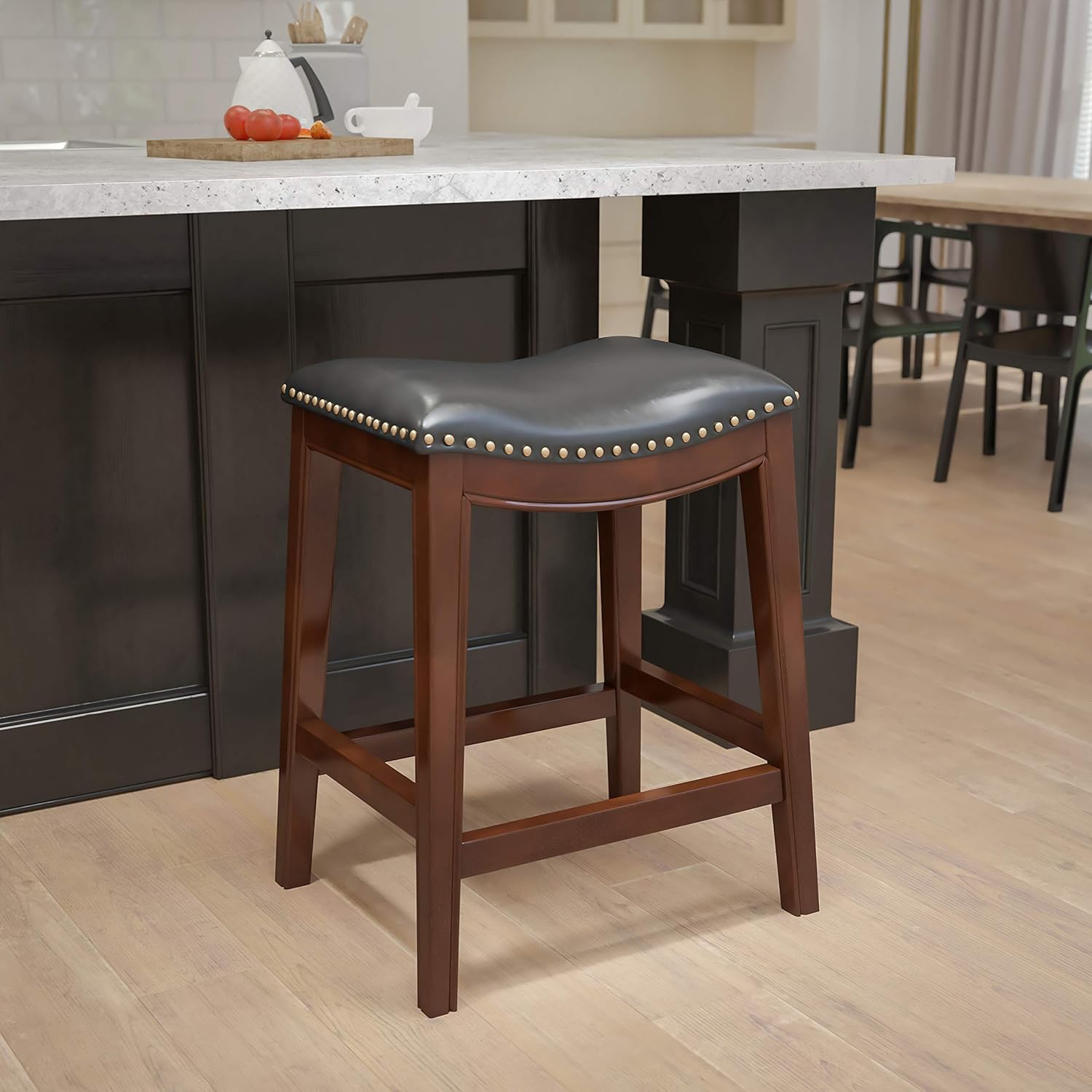 Cappuccino Wood Counter Height Stool with Black LeatherSoft Saddle Seat E861270