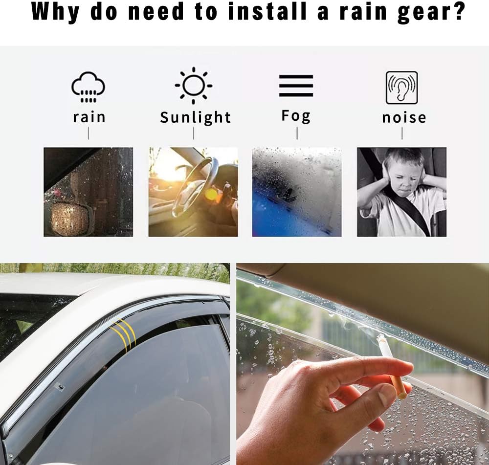 4Pcs Smoke Car Window Visors Rain Guard Tape-On Mount P614