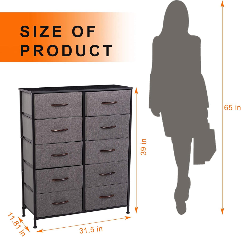 10 Drawer Vertical Dresser with Steel Frame and Fabric Bins K3383