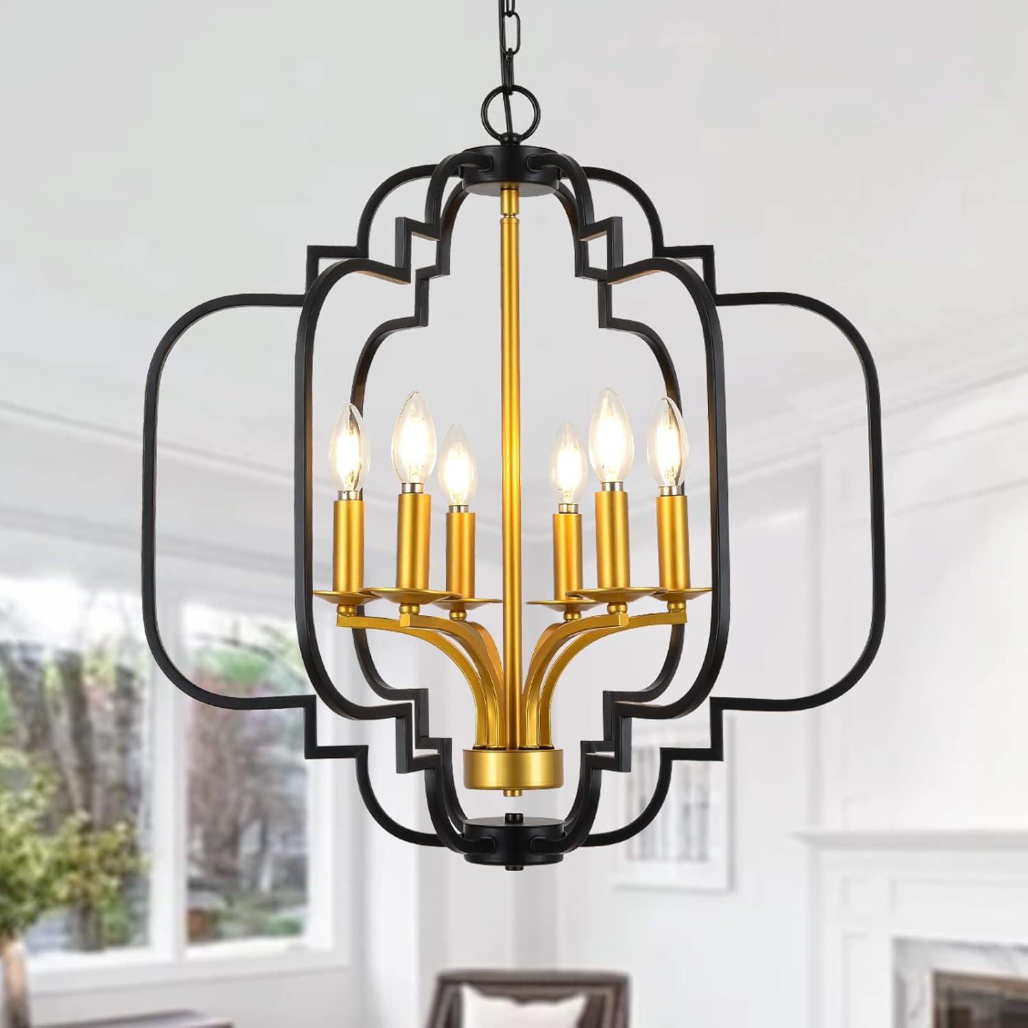Farmhouse Chandelier Black and Gold Modern Candle Pendant Light Fixtures Q53985