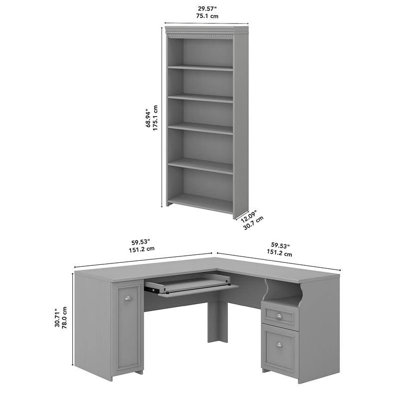 Gray L Shaped Desk with 5 Shelf Bookcase V53212