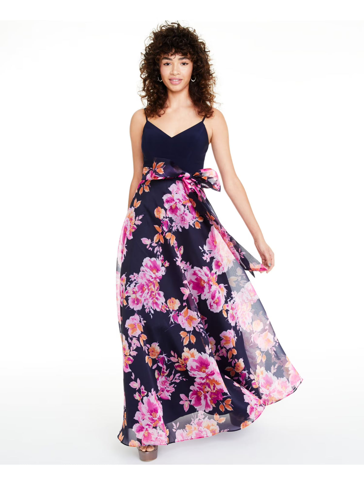 Navy Floral Spaghetti Strap V Neck Full-Length Fit + Flare Dress Z574