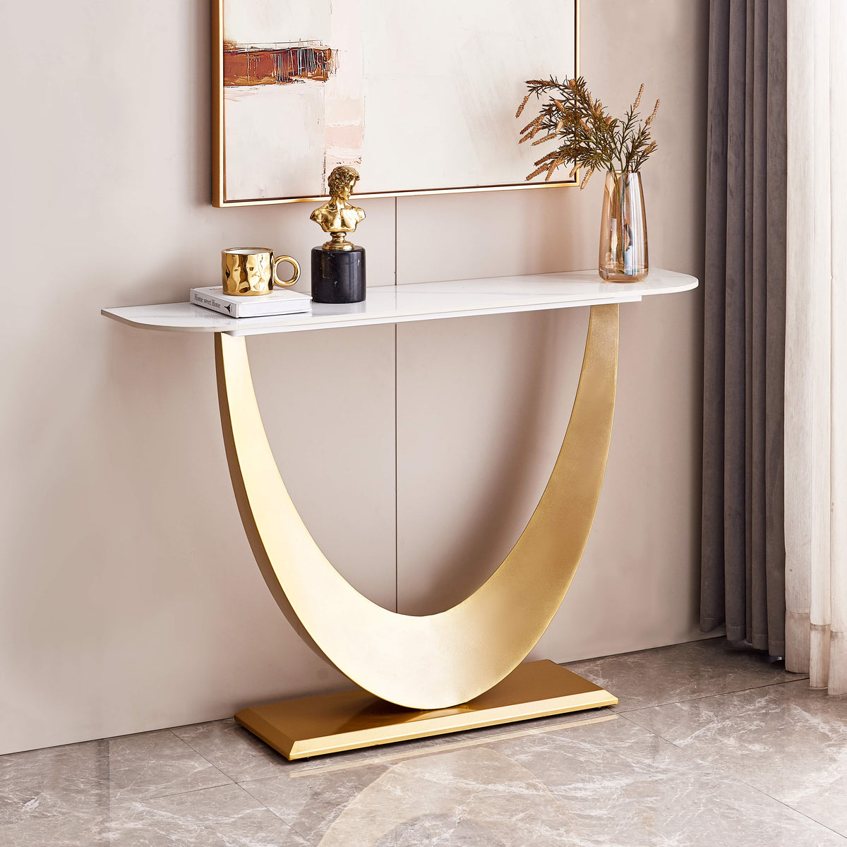 White & Gold Console Table with Marbling Top and Metal Base A5890