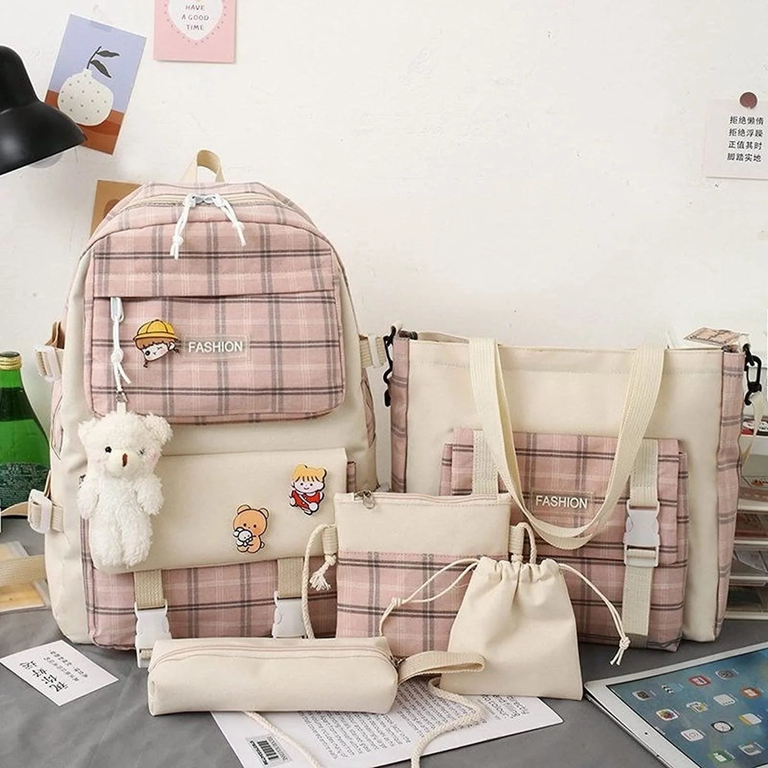 4Pcs Plaid Check Backpacks Combo Set with Bear Pendant & Pins Z9016