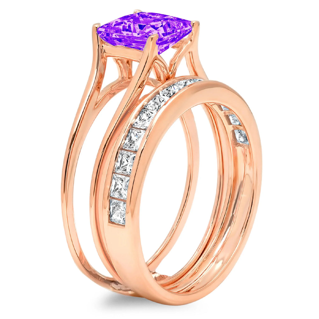 18K Rose Gold Amethyst Solitaire Bridal Set SZ 4.5 B627898