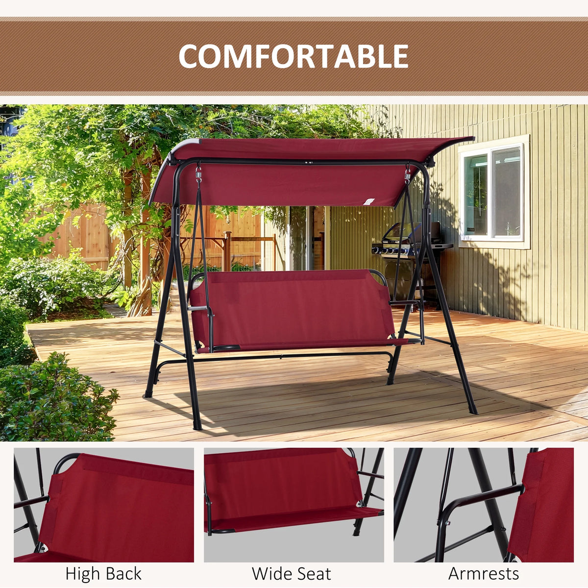 Red Steel Frame 3-Person Porch Swing with Stand E789235
