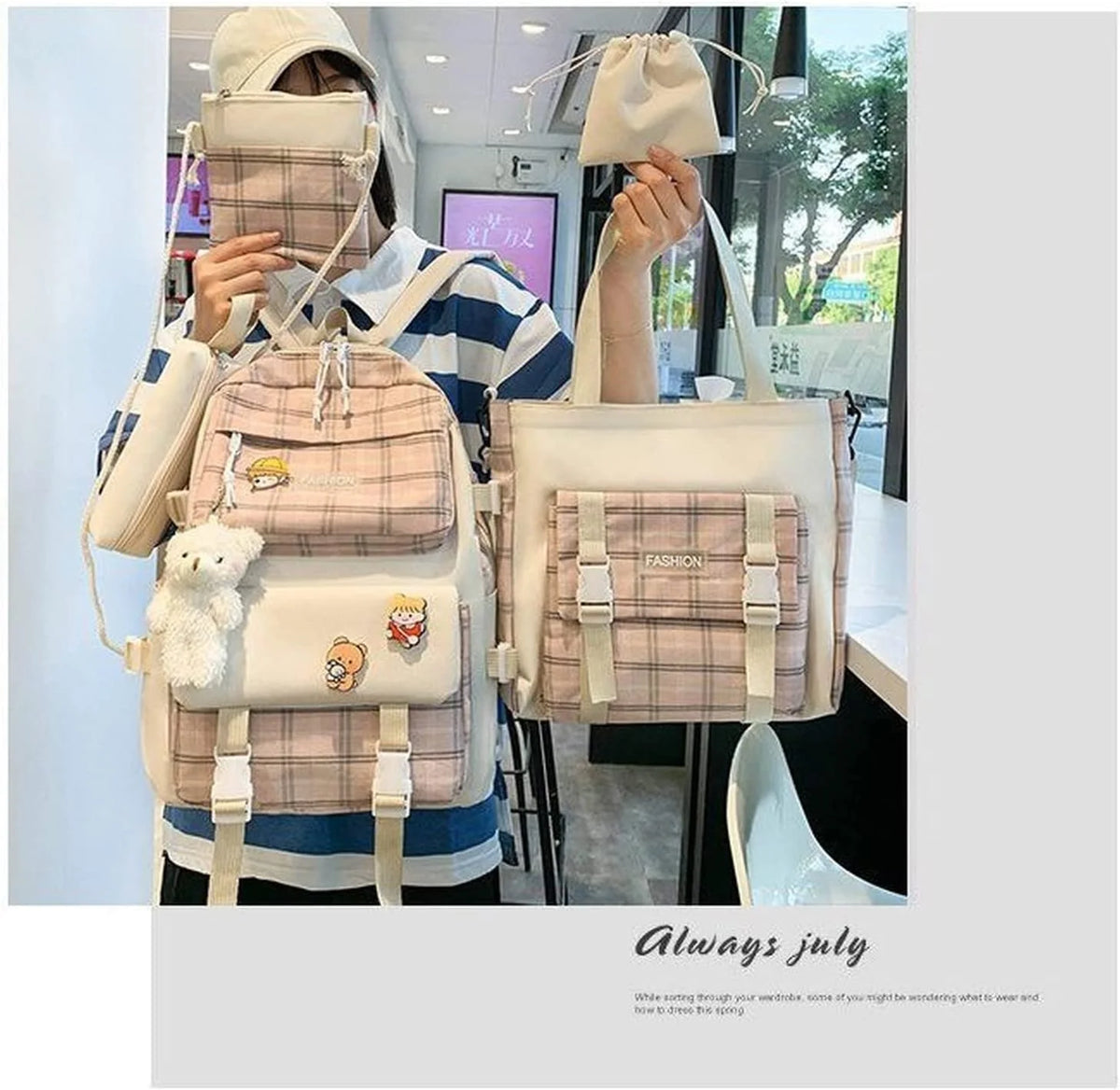 4Pcs Plaid Check Backpacks Combo Set with Bear Pendant & Pins Z9016