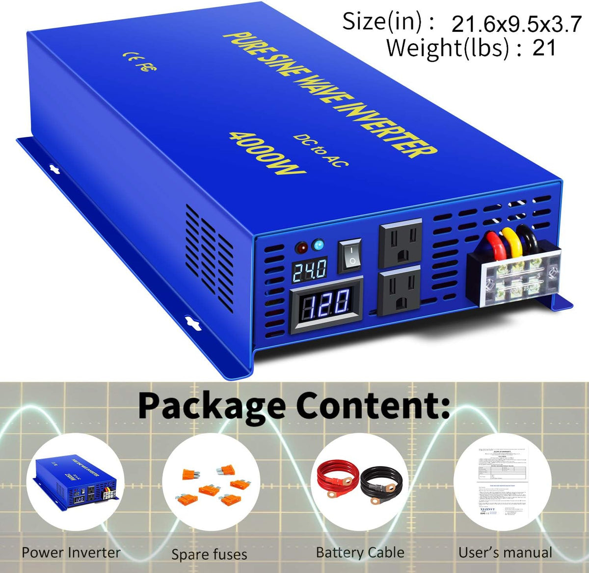 3500W / 7000W Peak 24V DC to AC 110V 120V Pure Sine Wave Power Inverter with LCD Display K794693