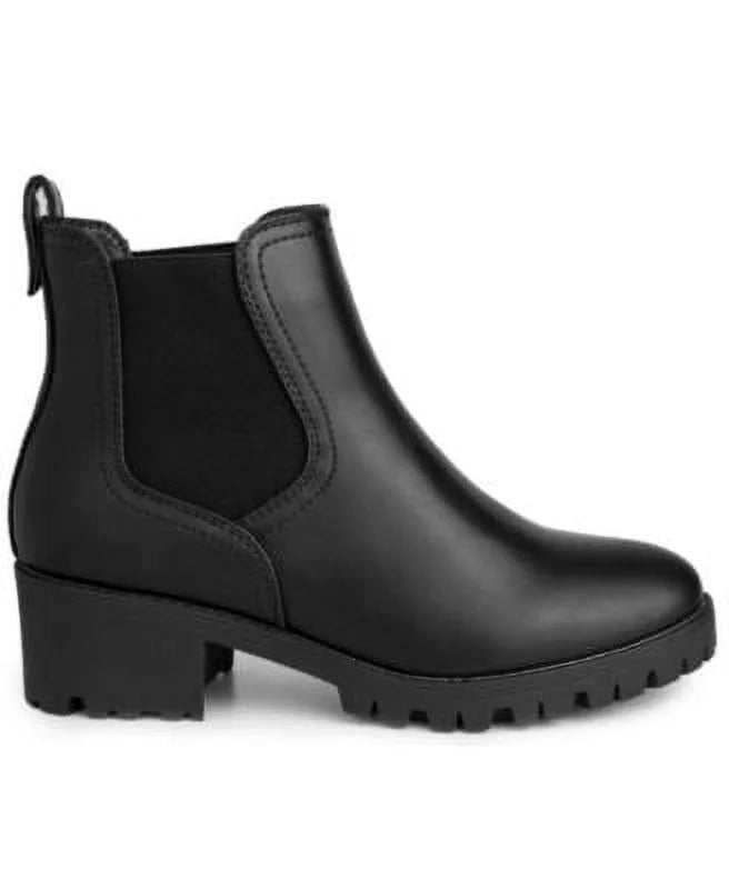 Black Chelsea Boot Cushioned Back Pull Tab Lug Sole Round Toe Block Heel Slip On Booties 7.5 M U2438