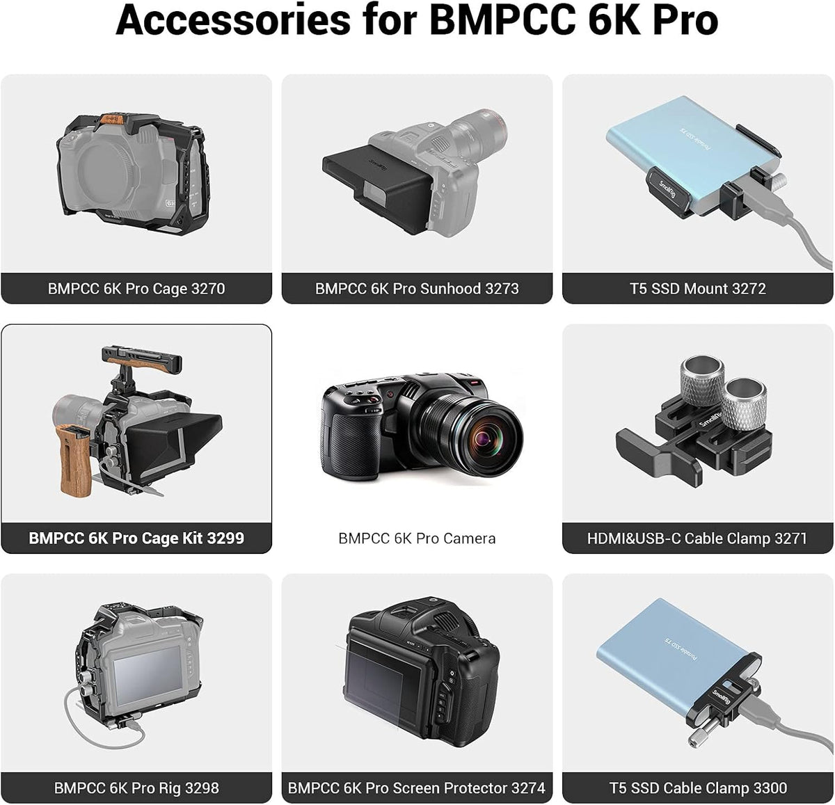 Camera Cage Accessory Kit with Top Handle Wooden Side Handle HDMI Cable Clamp SSD Clamp Sunhood NATO Rail Screen Protector H1643