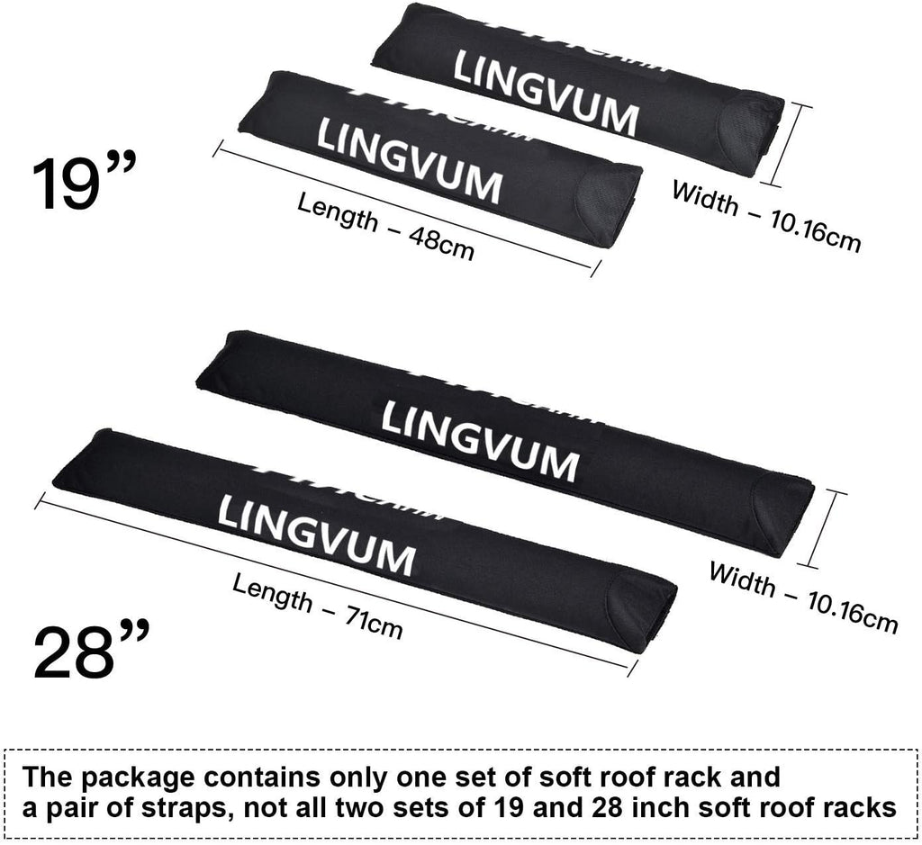 Soft Roof Rack Pads with Two 15 Ft Straps - 28” Car Carrier Racks for Kayak, Surfboard, SUP Paddleboard, Snowboard, Black Pack of 2 B33517