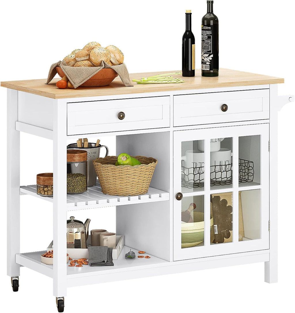 White Wood Top Kitchen Island on Wheels with Storage O9451