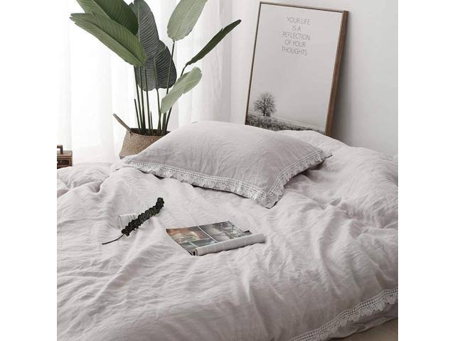 King 3pcs Pure Linen Duvet Cover Set Stone Washed Lace Border A1944