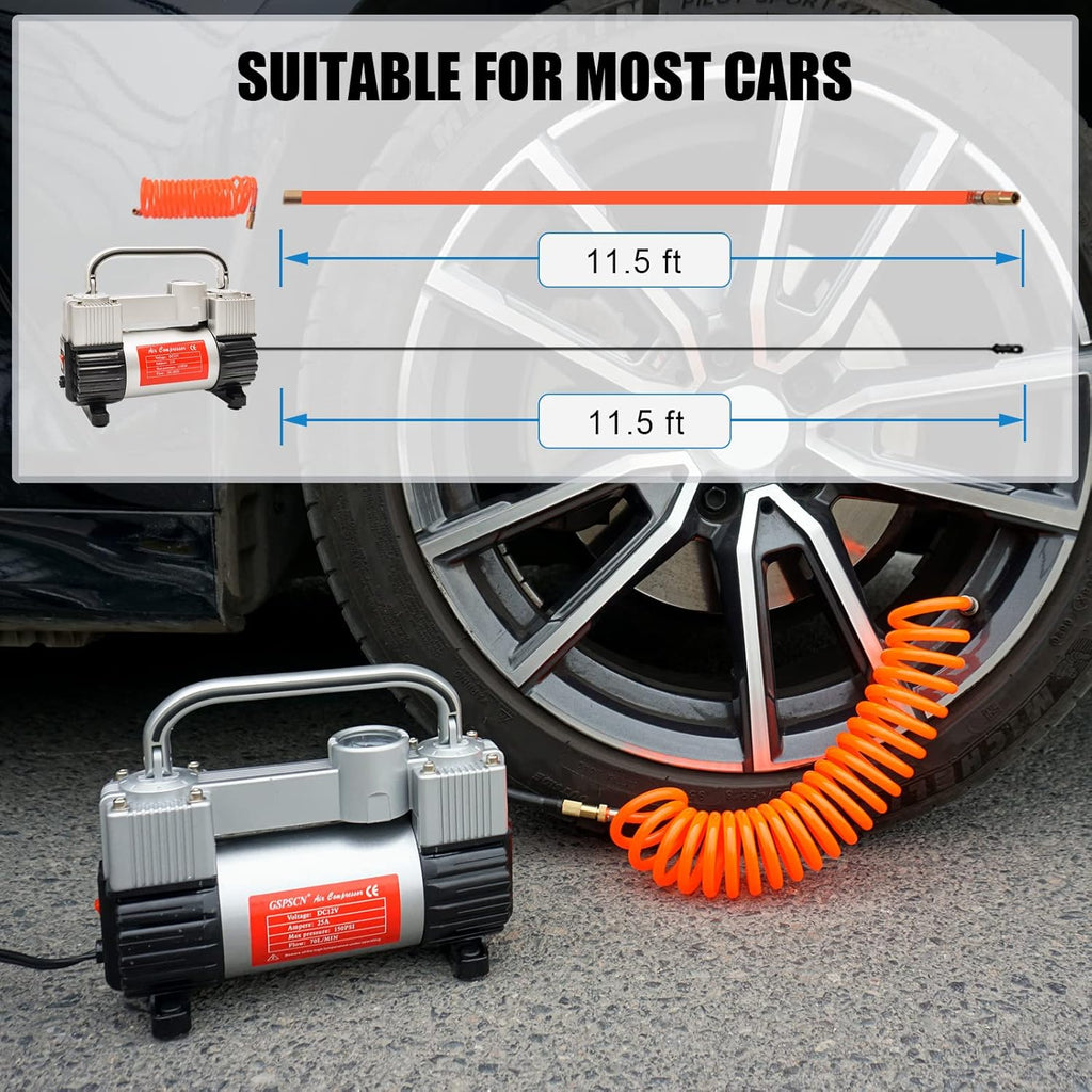Portable Dual Cylinder 12V DC Air Compressor with 11.5ft Air Hose and Tire Repair Kit, Pack of 2 Y136702