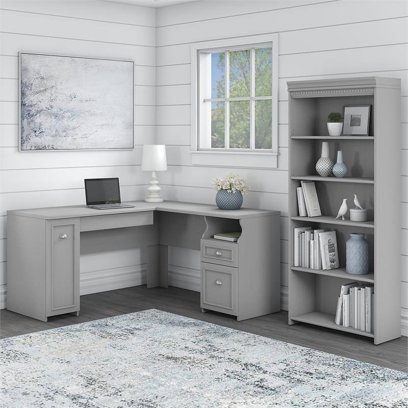 Gray L Shaped Desk with 5 Shelf Bookcase V53212