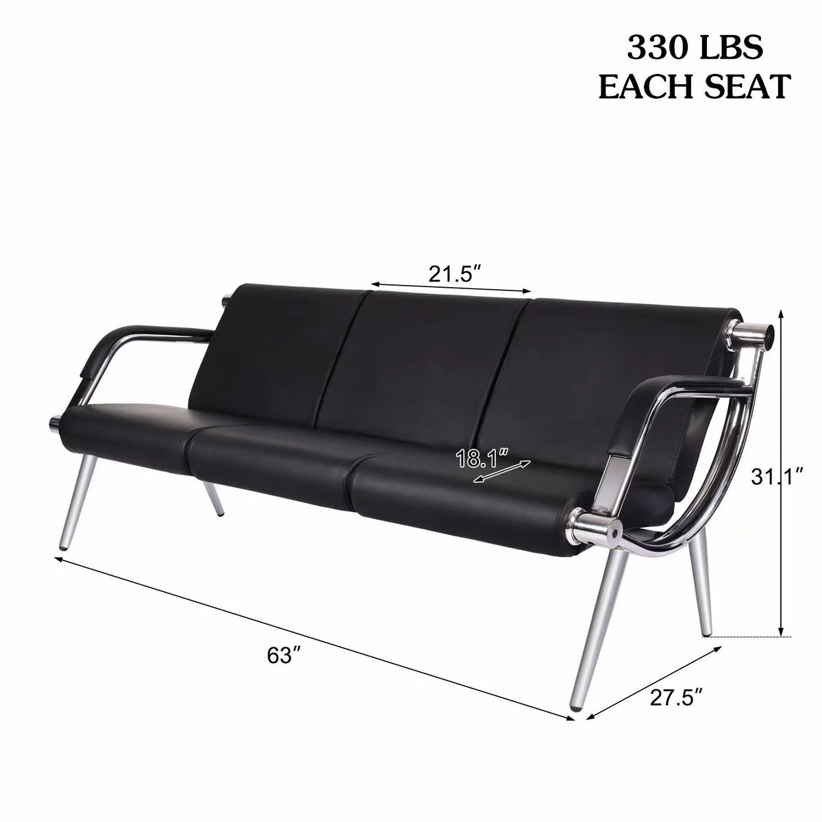 Black Steel Frame 3 Seats PU Leather Reception Bench A412