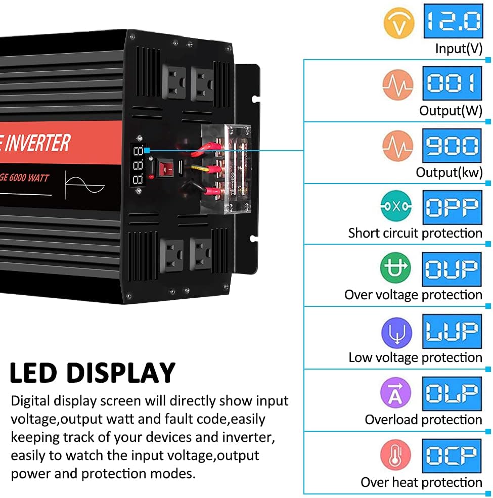 3000 Watt Pure Sine Wave Power Inverter 12V DC to 110V AC with 4 AC Outlets C75520