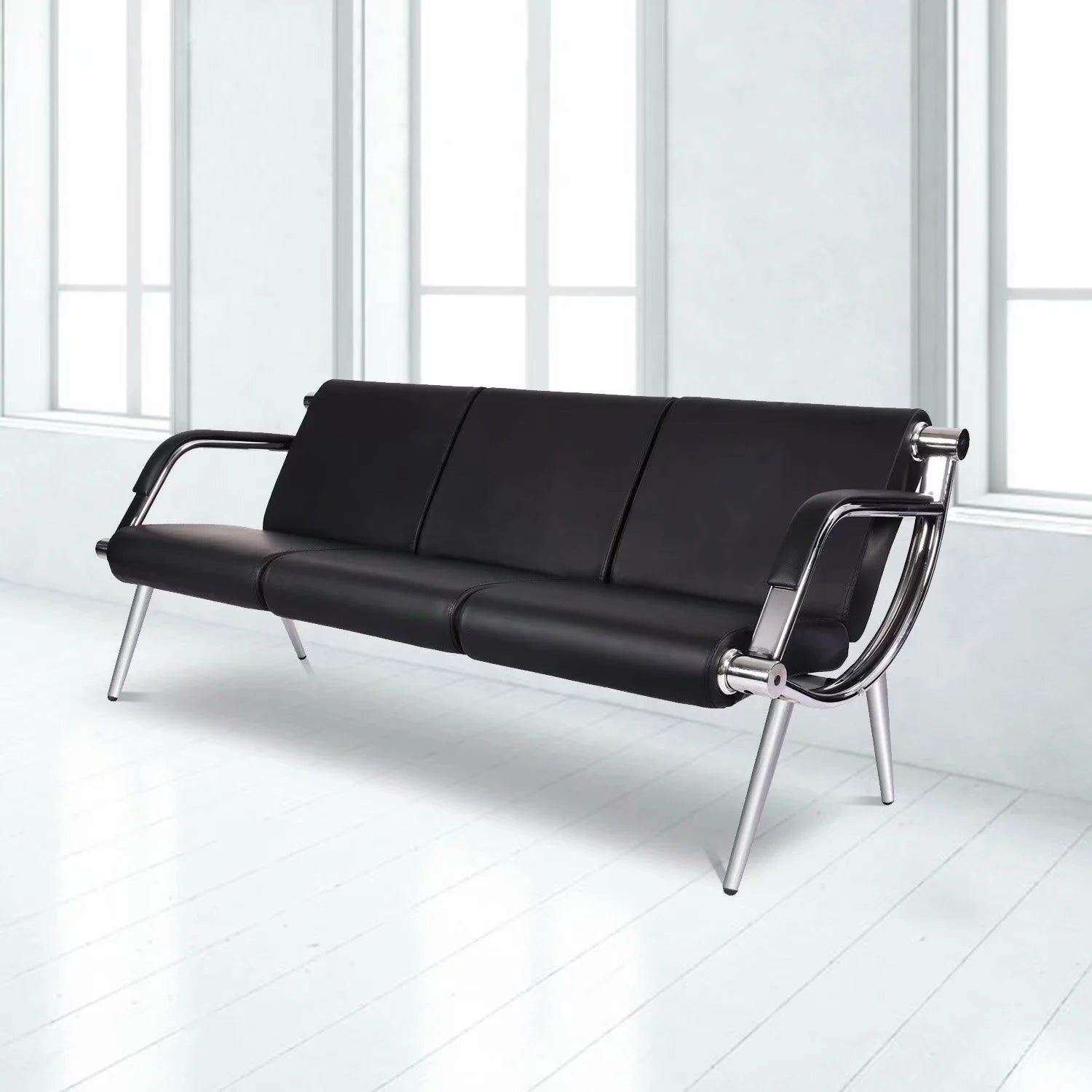 Black Steel Frame 3 Seats PU Leather Reception Bench A412