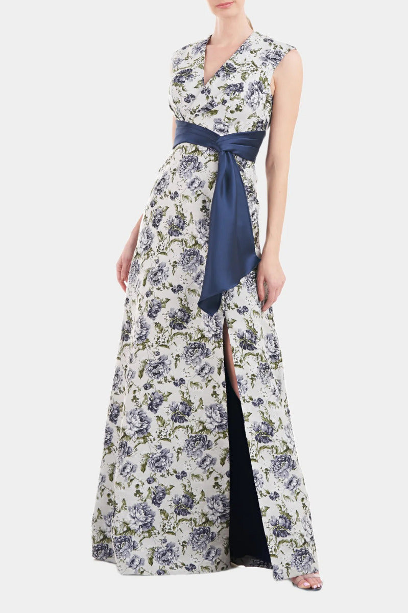V-Neck Cap Sleeve Wrap Bodice Fit & Flare Jacquard Dress N715390