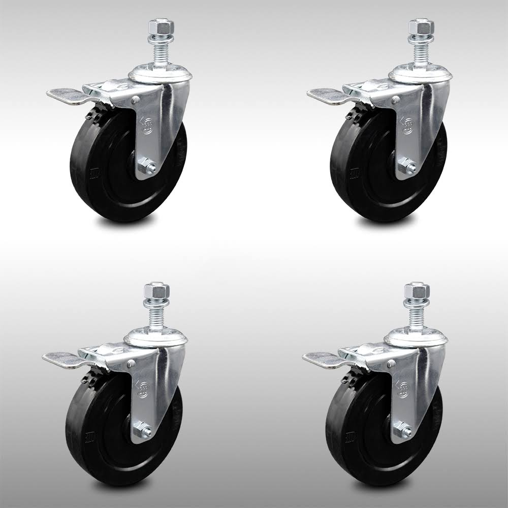 5 inch Soft Rubber Swivel Threaded Stem Caster Set with Total Lock Brake A674