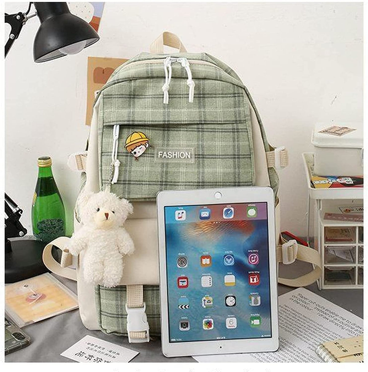 4Pcs Plaid Check Backpacks Combo Set with Bear Pendant & Pins Z9016