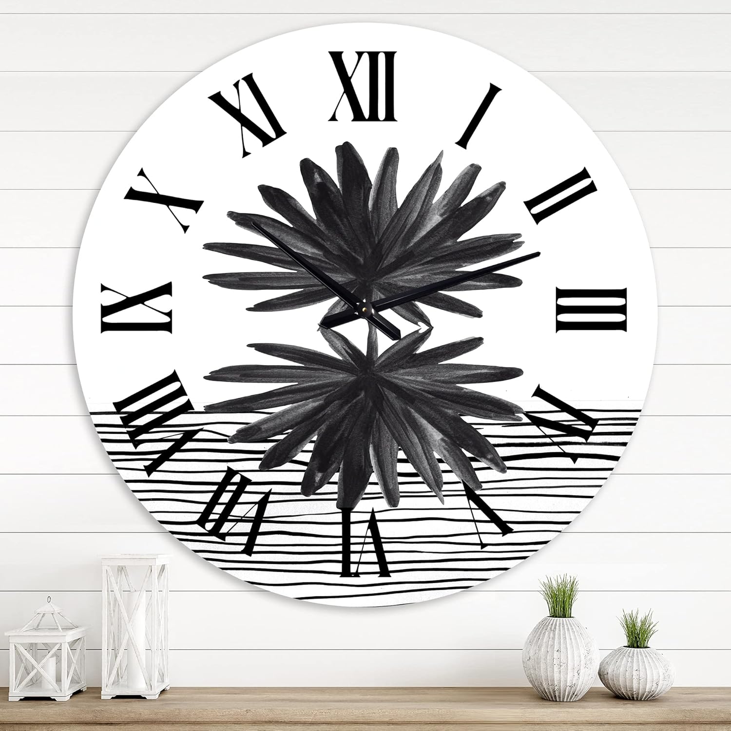 Black and White Tropical Leaf Geometric Large Wall Clock F637