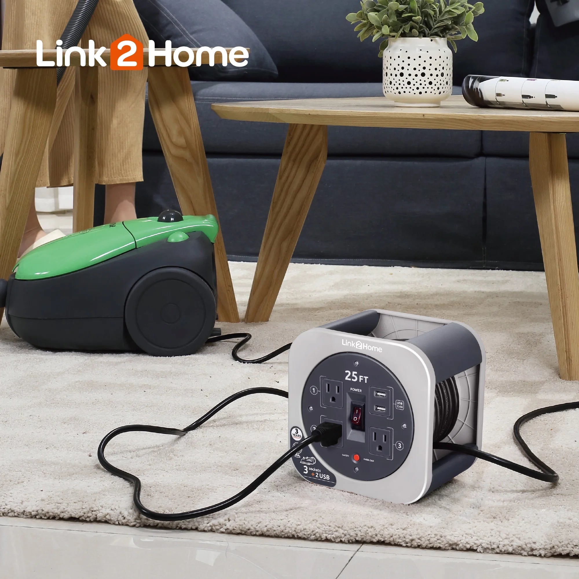 Cord Reel 25 ft Extension Cord with 3 Power Outlets and 2 USB Ports R796