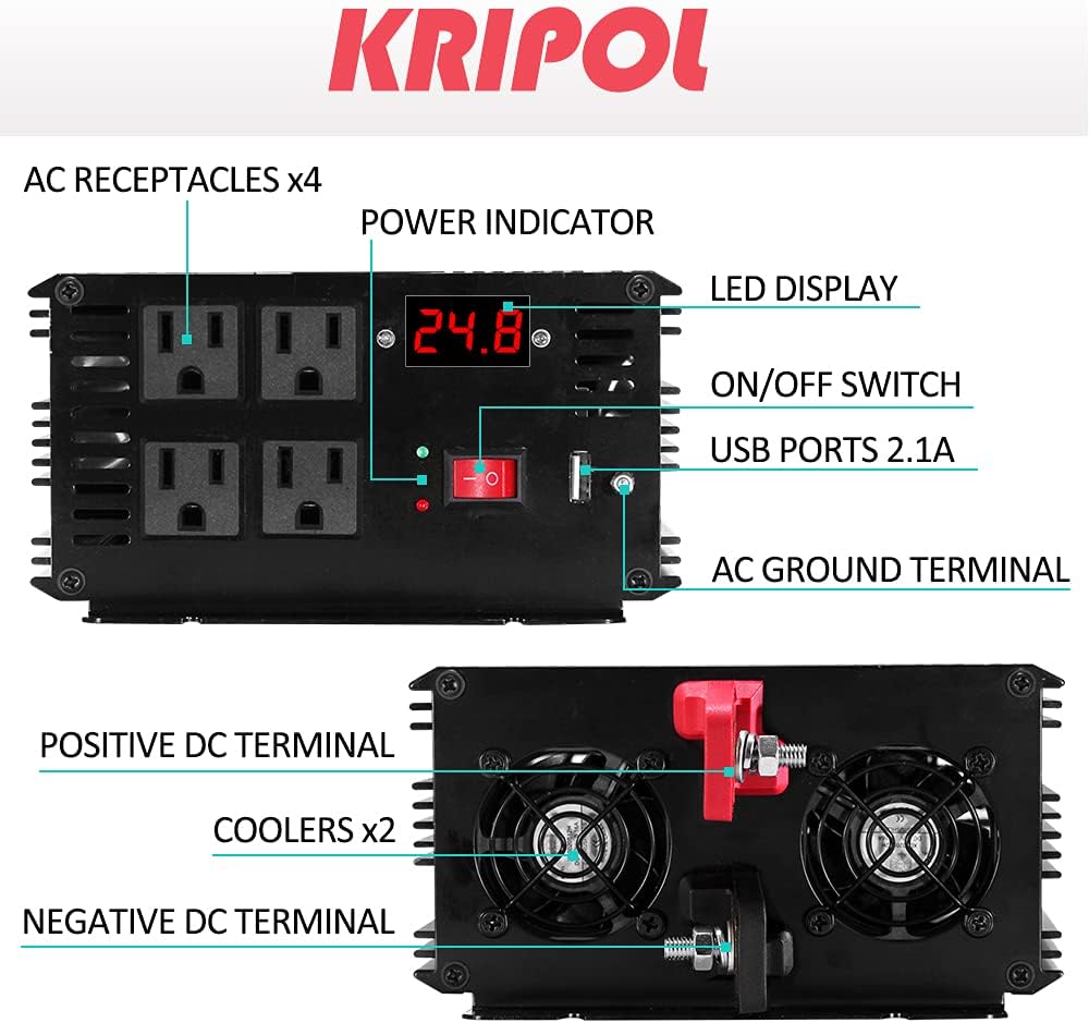 3000 Watt Pure Sine Wave Power Inverter 12V DC to 110V AC with 4 AC Outlets C75520