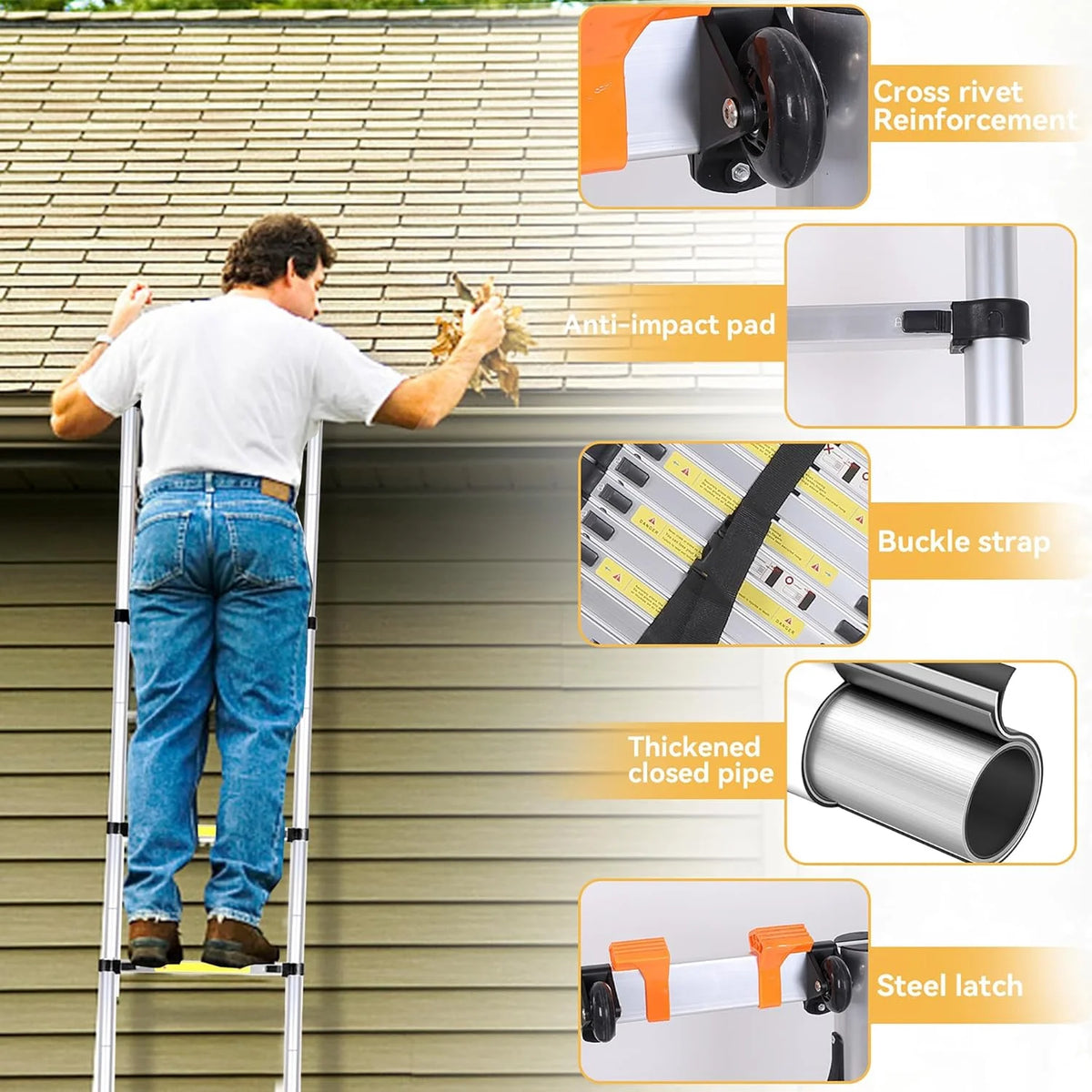 20.3FT Aluminum Telescoping Ladder with Triangle Stabilizers & Detachable Hooks, 330lbs Capacity I13203