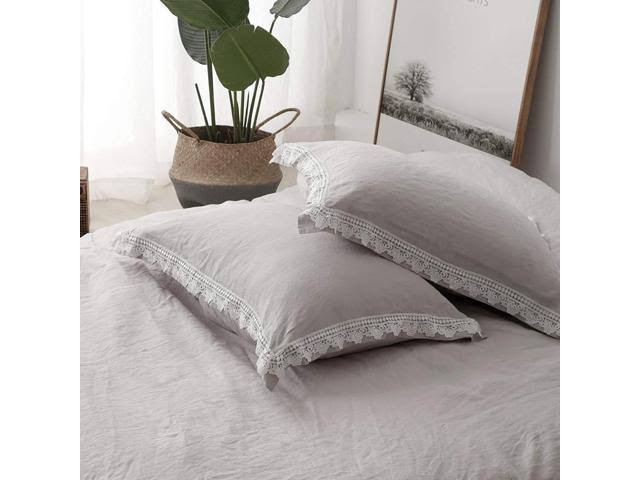 King 3pcs Pure Linen Duvet Cover Set Stone Washed Lace Border A1944